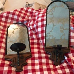 Wall mirrored candle holder-rustic wood and metal.
